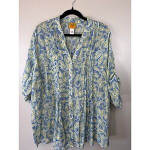 Ruby Rd Plus Size Bluesy Yellows Short Sleeved Blouse W Pintucks In Bib Size 2X